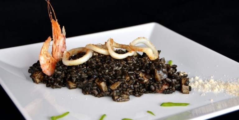 Black risotto with cuttlefish and prawns